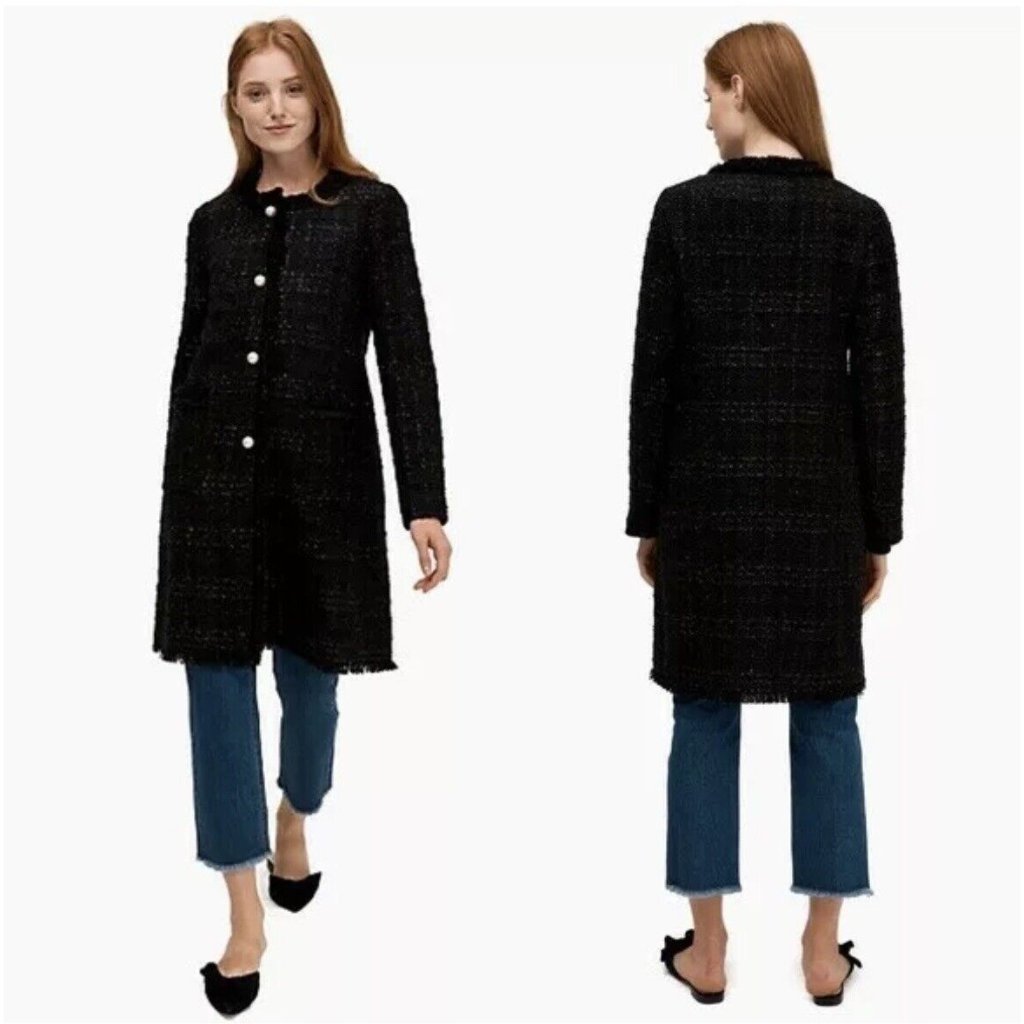 Kate Spade Sparkle Tweed Long Coat Jacket Black Size 4 New!